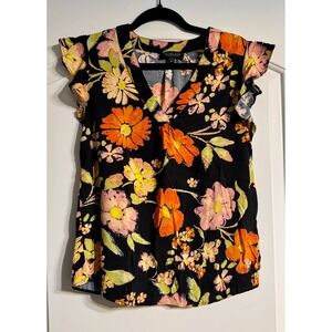 Rachel Zoe Floral Blouse Women XS Black Orange Flutter Sleeve V-Neck Excellent